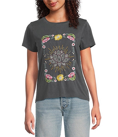 Lucky Brand Beaded Lotus Crew Neck Short Sleeve Tee Shirt