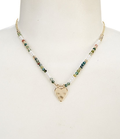 Lucky Brand Green Multi Beaded Pearl Heart Short Pendant Necklace