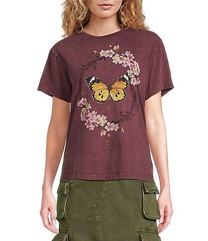 Lucky Brand Butterfly Stud Graphic Crew Neck 3/4 Sleeve Tee