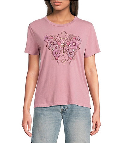 Lucky Brand Celestial Floral Butterfly Crew Neck Short Sleeve Tee Shirt