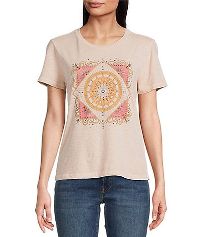 Lucky Brand Celestial Framed Sun Front Print Classic Crew Neck Short Sleeve Tee