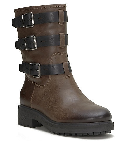 Lucky Brand Cheviss Leather Buckle Strap Lug Sole Moto Boots