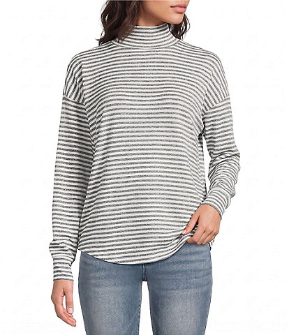 Lucky Brand Cloud Stretch Knit Stripe Mock Neck Long Sleeve Top