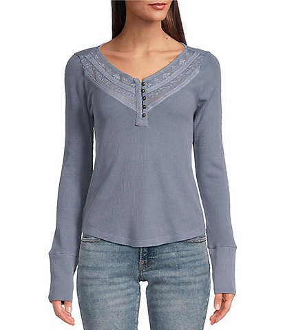 Lucky Brand Embroidered Mesh Yoke V-Neck Long Sleeve Relaxed Henley Top