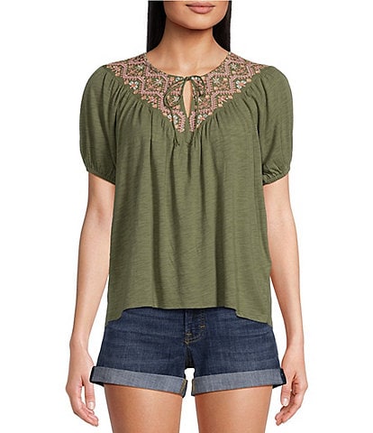 Lucky Brand Embroidered Short Sleeve Peasant Top