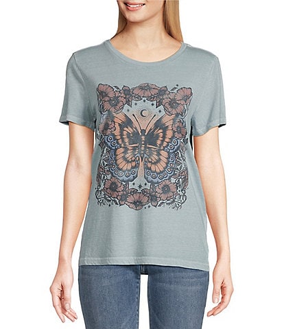 Lucky Brand Floral Butterfly Knit Crew Neck Short Sleeve Tee Shirt