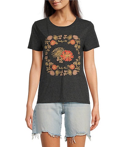 Lucky Brand Floral Embroidered Crew Neck Short Sleeve Tee Shirt