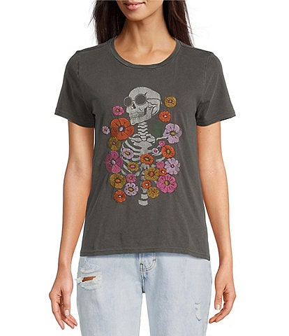 Lucky Brand Flowers And Skeleton Print Crew Neck Short Sleeve Graphic Tee
