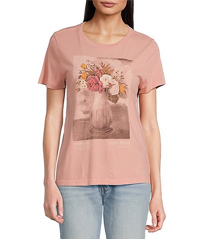 Lucky Brand Graphic Floral Vase Print Crew Neck Short Sleeve Tee Shirt