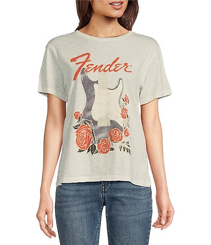 Lucky Brand Graphic Print Fender Roses Crew Neck Short Sleeve Knit Boyfriend Tee Shirt