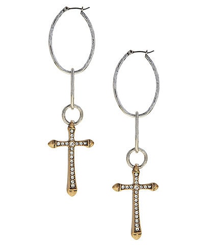 Lucky Brand Hammered Two Tone Cross Hoop Statement Earrings
