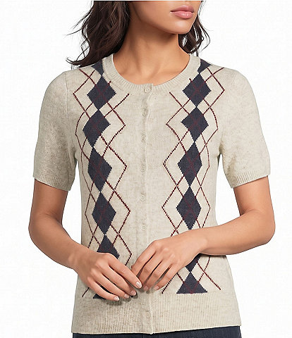 Lucky Brand Knit Argyle Design Round neck Short Sleeve Sweater Tee