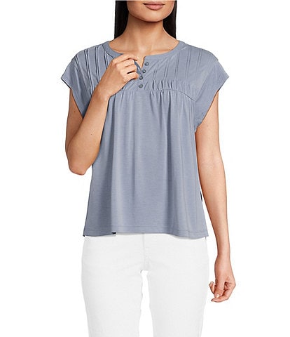 Lucky Brand Knit Crew Neck Short Sleeves Smocked Henley Top