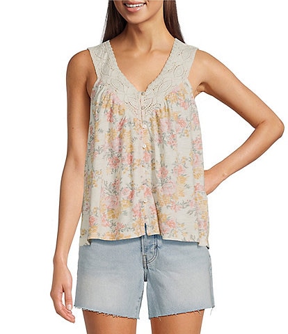 Lucky Brand Knit Printed V-Neck Sleeveless Lace Trim Top