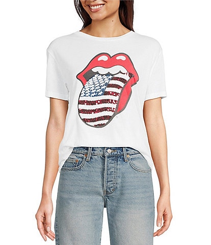 Lucky Brand Knit Rolling Stones Floral Graphic Crew Neck Short Sleeve Tee