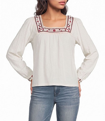 Lucky Brand Knit Square Neck Long Sleeve Pullover Top