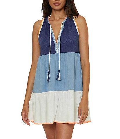 Lucky Brand Lagos Color Block Split V Neck Flutter Hem Swim Cover-Up Dress
