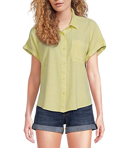 Lucky Brand Linen Blend Point Collar Short Sleeve Button Front Shirt