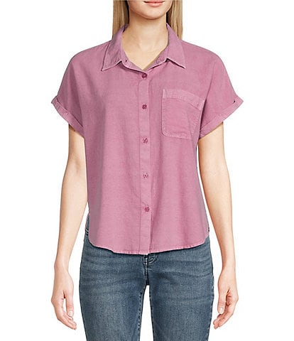 Lucky Brand Linen Blend Point Collar Short Sleeve Button Front Shirt