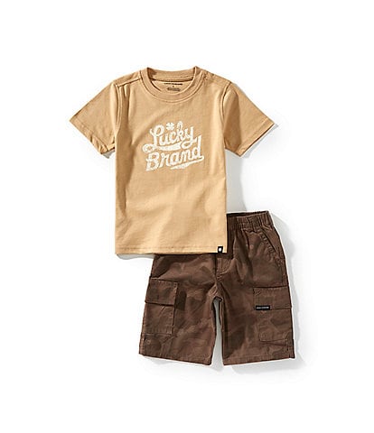 Lucky Brand Little Boys Short-Sleeve Logo Knit T-Shirt & Camouflage Woven Shorts Set