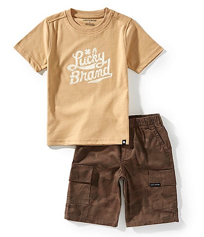 Lucky Brand Little Boys Short-Sleeve Logo Knit T-Shirt & Camouflage Woven Shorts Set