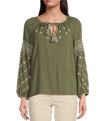 Lucky Brand Mixed Media Woven Crew Neck Long Sleeve Tassel Ties Embroidered Peasant Top