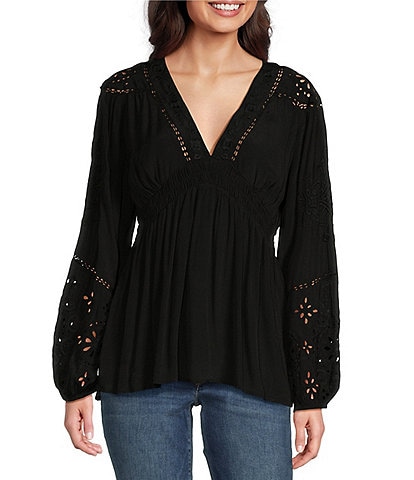 Lucky Brand Ott Cutwork Smocked V-Neck Long Sleeve Top