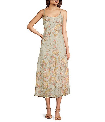 Lucky Brand Patchwork Print Crew Neck Sleeveless Midi Slip Dress