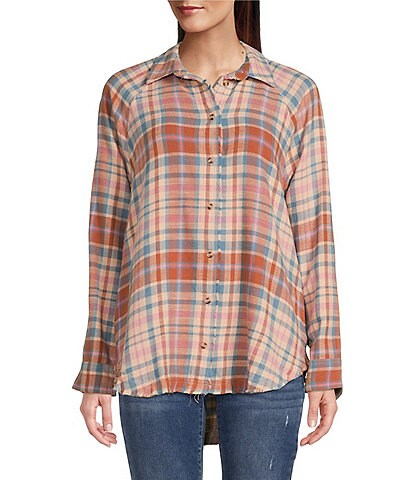 Lucky Brand Plaid Print Point Collar Long Sleeve Pocketed Button Front Tunic