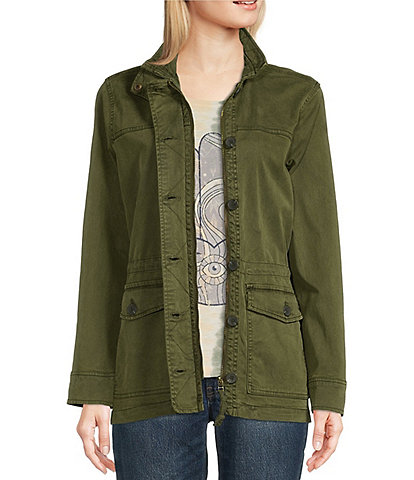 Lucky Brand Point Collar Long Sleeve Drawstring Waist Patch Pocket Button Front Utility Jacket