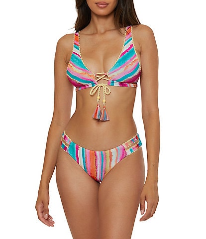 Lucky Brand Porto Covo Water Color Placement Print Halter Swim Top & Tab Side Hipster Swim Bottom