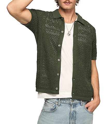 Lucky Brand Short Sleeve Granny Square Button Down Sweater