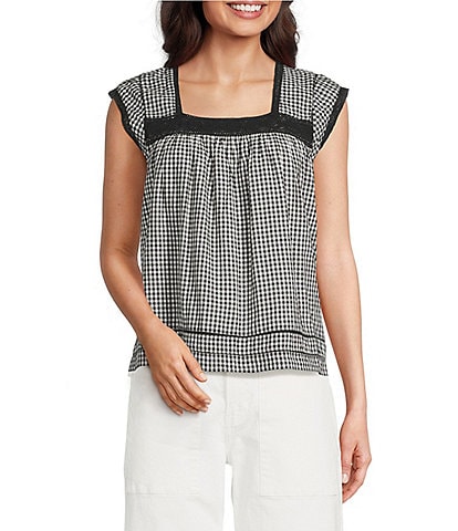 Lucky Brand Square Neck Cap Sleeve Lace Trim Top