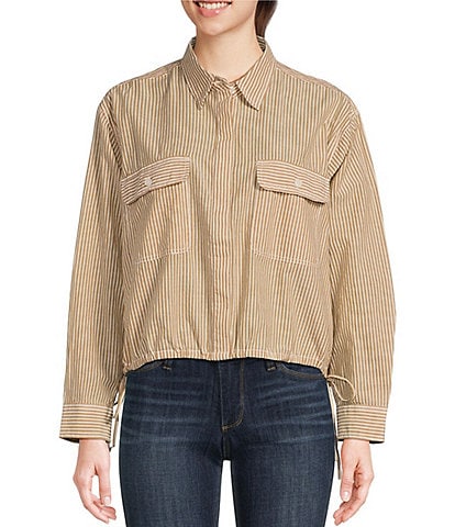Lucky Brand Stripe Print Point Collared Flap Pocket Long Sleeve Utility Crop Shirt