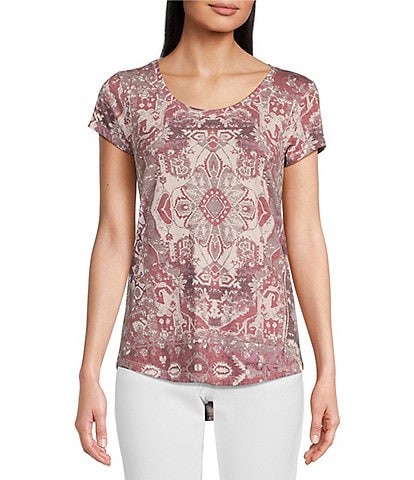 Lucky Brand Tapestry Print Scoop Neck Short Sleeve Relax Knit Tee