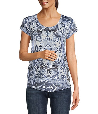 Lucky Brand Tapestry Print Scoop Neck Short Sleeve Relax Knit Tee Shirt