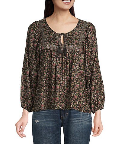 Lucky Brand Woven Floral Print Split Tassel Tie V-Neck 3/4 Puff Sleeve Peasant Top