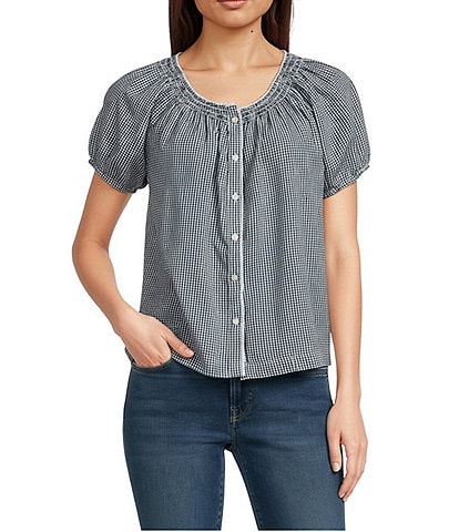 Lucky Brand Woven Gingham Round Neck Short Sleeve Top