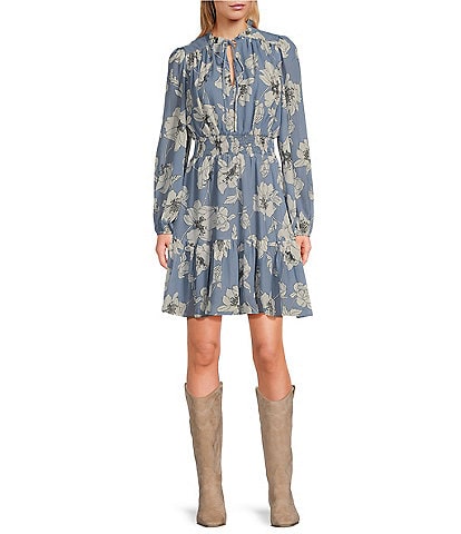 Lucy Paris Dallas Floral Print Split Round Neck Long Sleeve Dress