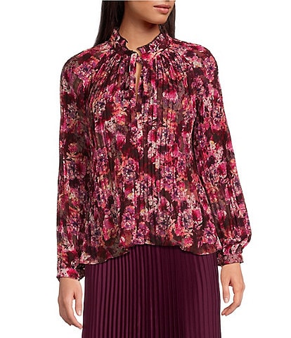 Lucy Paris Feminine Floral Print Split V-Neck Long Sleeve Front Tie Top