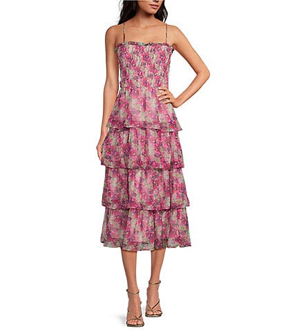Lucy Paris Floral Print Square Neck Sleeveless Smocked Tiered Midi Dress
