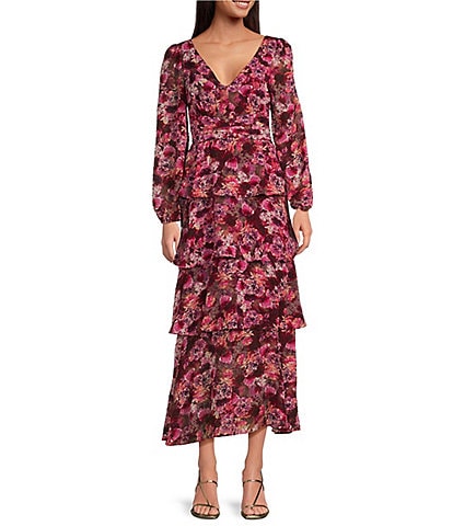 Lucy Paris Florentina Floral Print V-Neck Long Sleeve Ruffle Maxi Dress