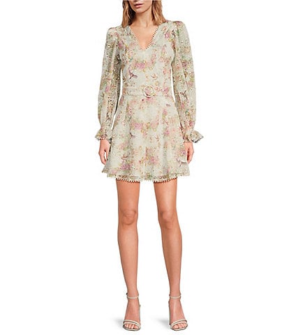 Lucy Paris Haisley Floral Print V Neck Long Sleeve Belted Mini Dress