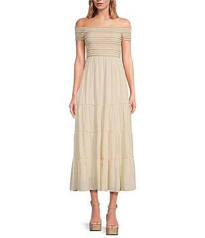 Lucy Paris Ille Smocked Off The Shoulder Neck Short Sleeve Maxi Dress