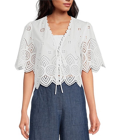 Lucy Paris Lace Embroidered V-Neck Short Sleeve Tie Front Top