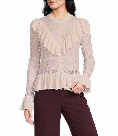 Lucy Paris Maison Round Neck Long Sleeve Button Front Ruffle Top