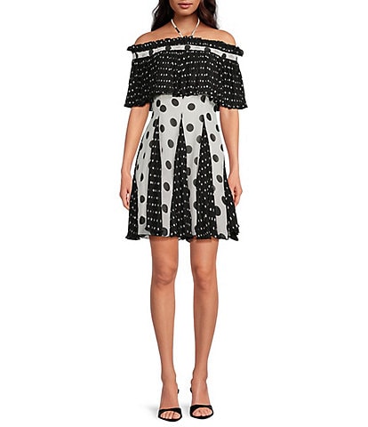 Lucy Paris Petite Size Nutini Polka Dot Off-the-Shoulder A-Line Mini Dress