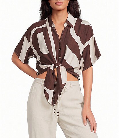 Lucy Paris Petite Size Rue Printed Collared Short Sleeve Coordinating Button Front Tie Top