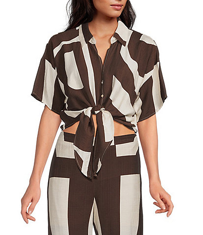 Lucy Paris Petite Size Rue Printed Collared Short Sleeve Coordinating Button Front Tie Top