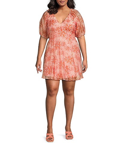 Lucy Paris Plus Azalea Printed V-Neck Short Puff Sleeve Mini Dress
